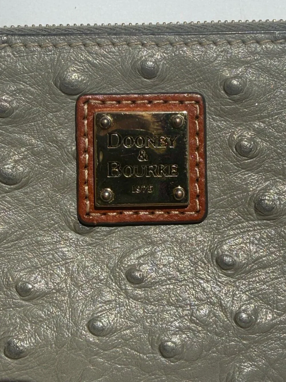 Dooney & Bourke Grey Ostrich-Embossed Zip Card Case with Gold Plaque